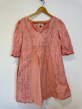 Universal Thread Peach Elbow Sleeve Eyelet Dress V Neck 100% Cotton Baby Doll M